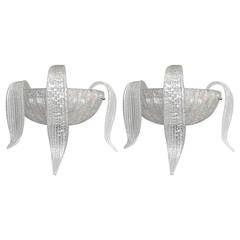 Pair of Silver Flecked Murano Glass Leaf Sconces