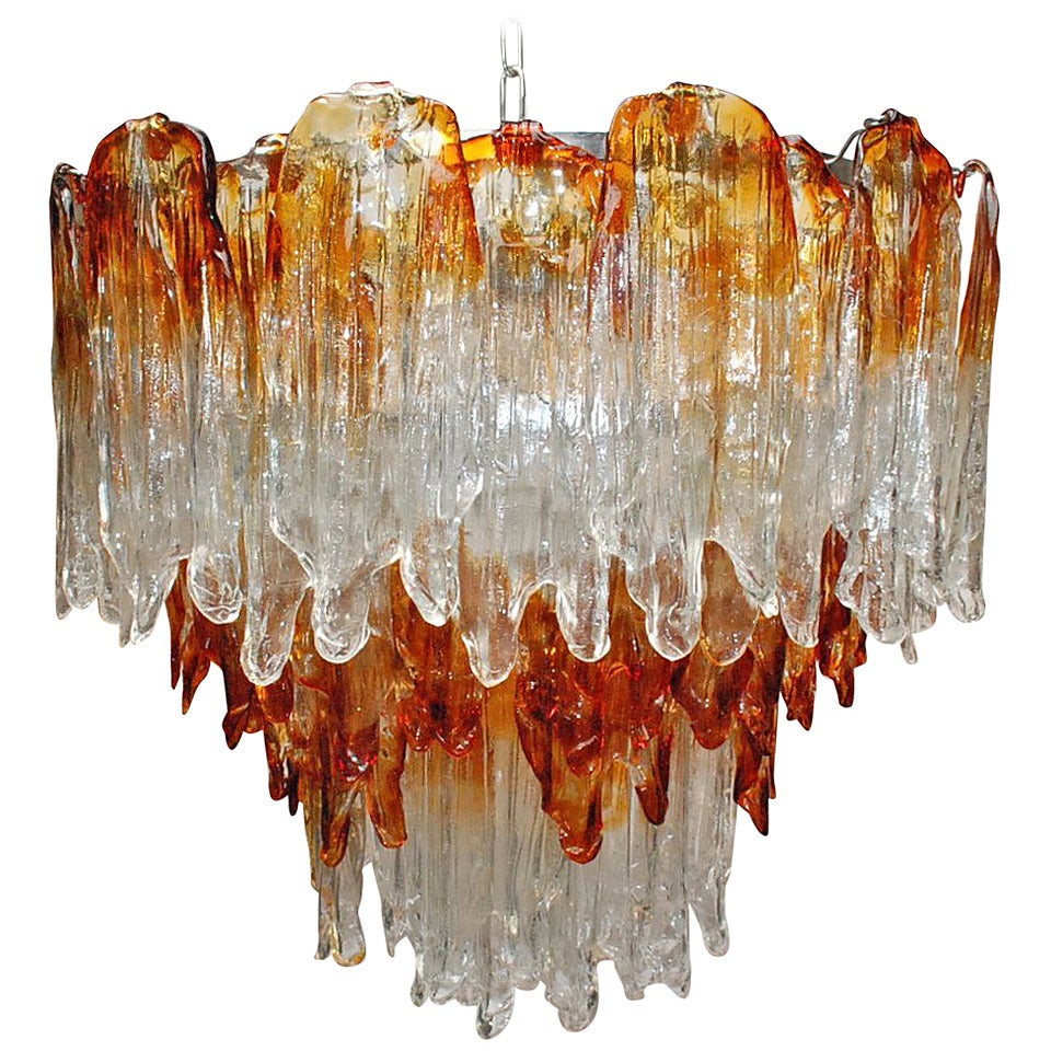 Fiamme Amber and Clear Murano Glass Chandelier by Mazzega