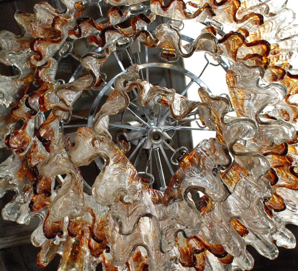 20th Century Fiamme Amber and Clear Murano Glass Chandelier by Mazzega