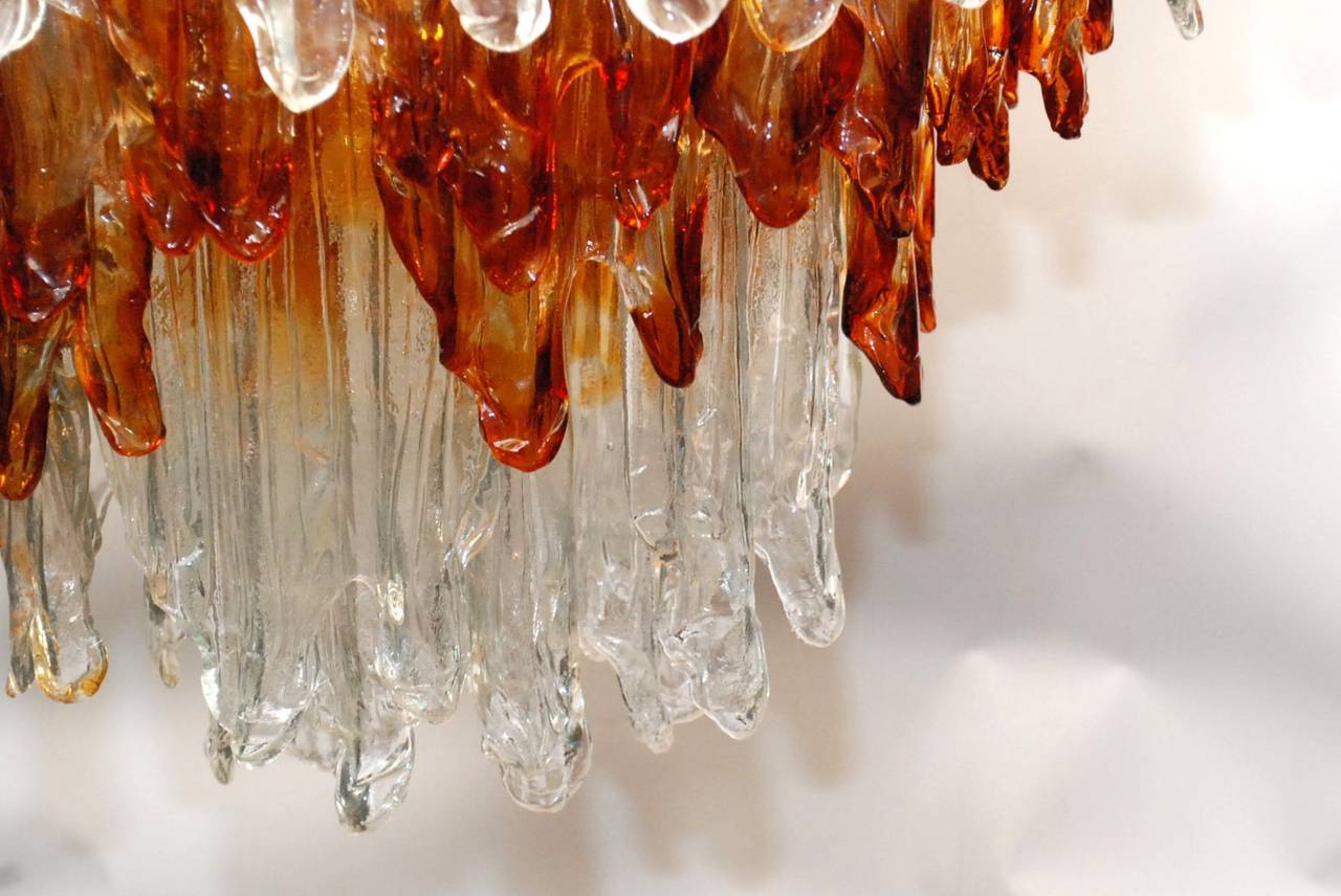 Mid-Century Modern Fiamme Amber and Clear Murano Glass Chandelier by Mazzega