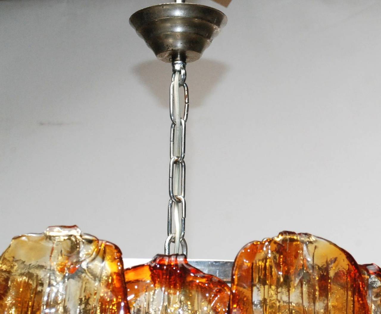 Chrome Fiamme Amber and Clear Murano Glass Chandelier by Mazzega
