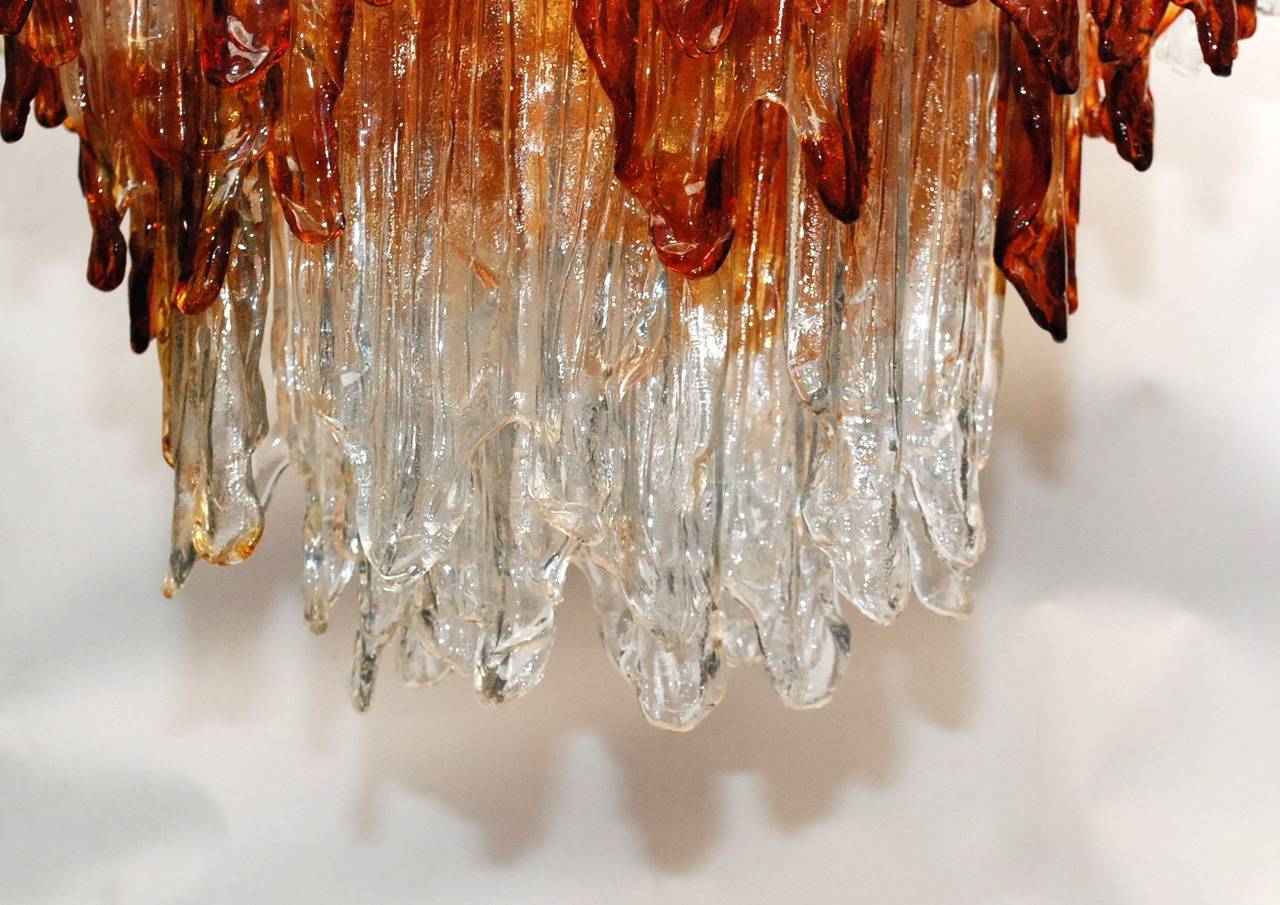 Italian Fiamme Amber and Clear Murano Glass Chandelier by Mazzega