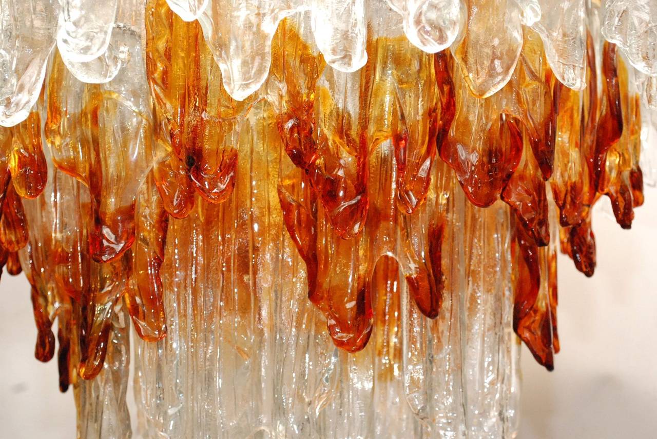 Fiamme Amber and Clear Murano Glass Chandelier by Mazzega In Good Condition In Cathedral City, CA