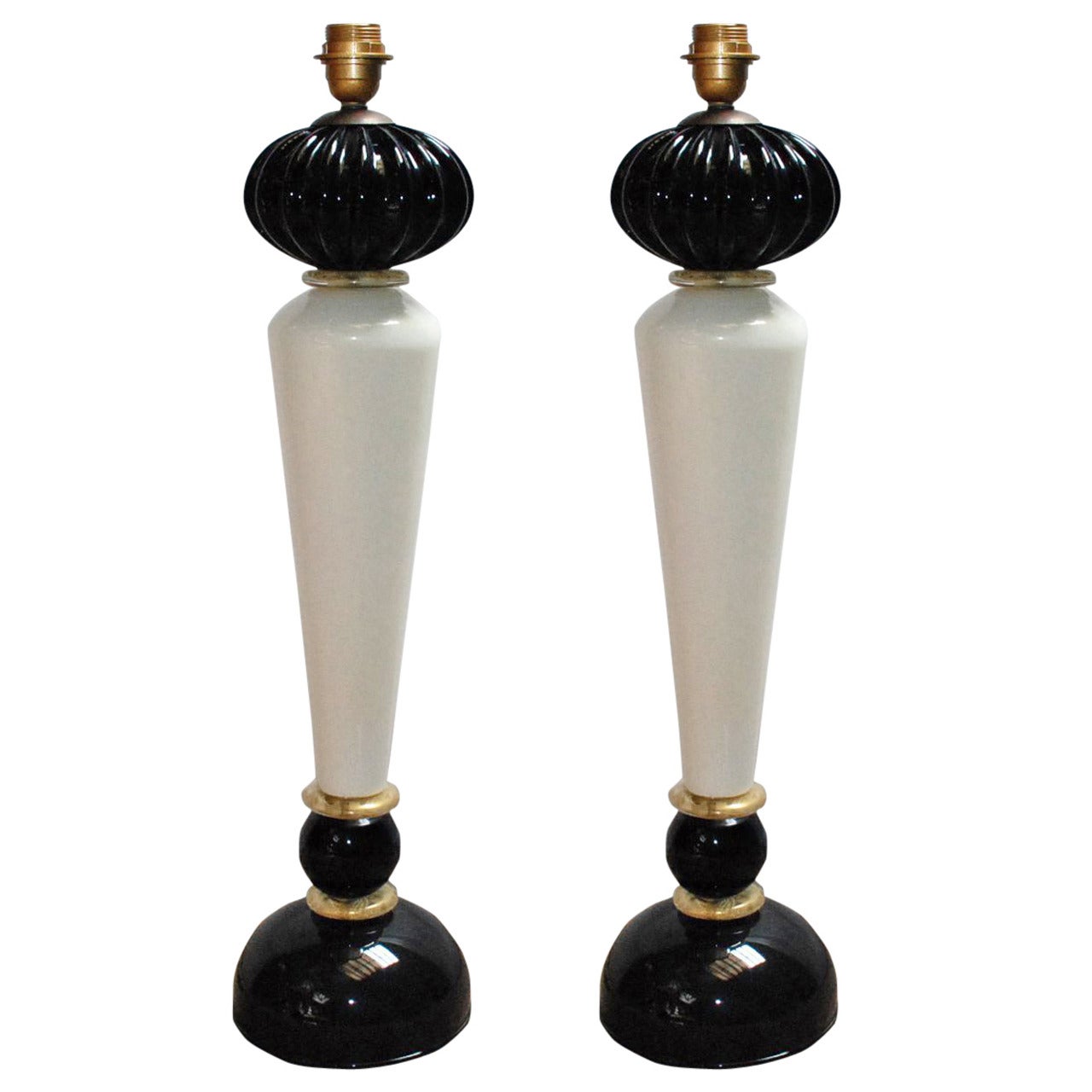 Pair of Black and Creamy White Murano Table Lamps