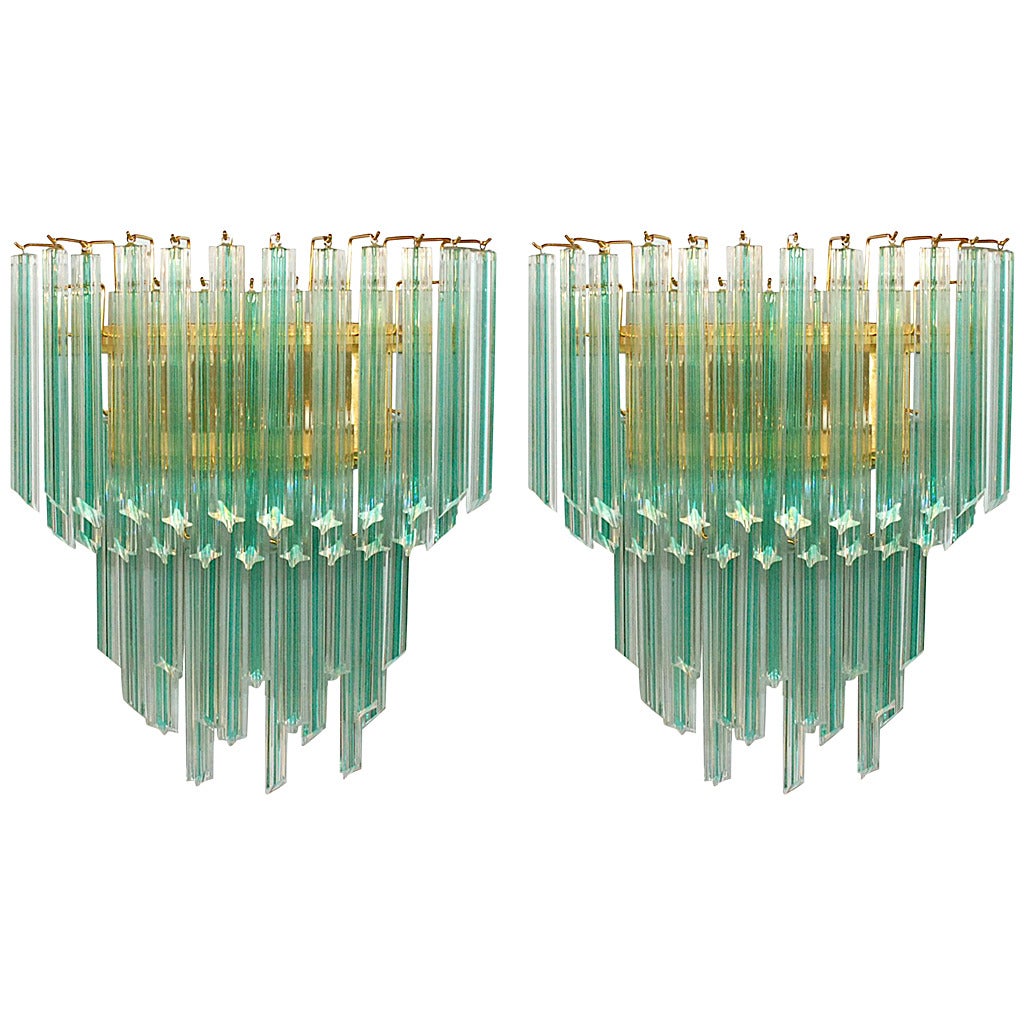 Pair of Venini Aqua Stripe Quadriedri Sconces