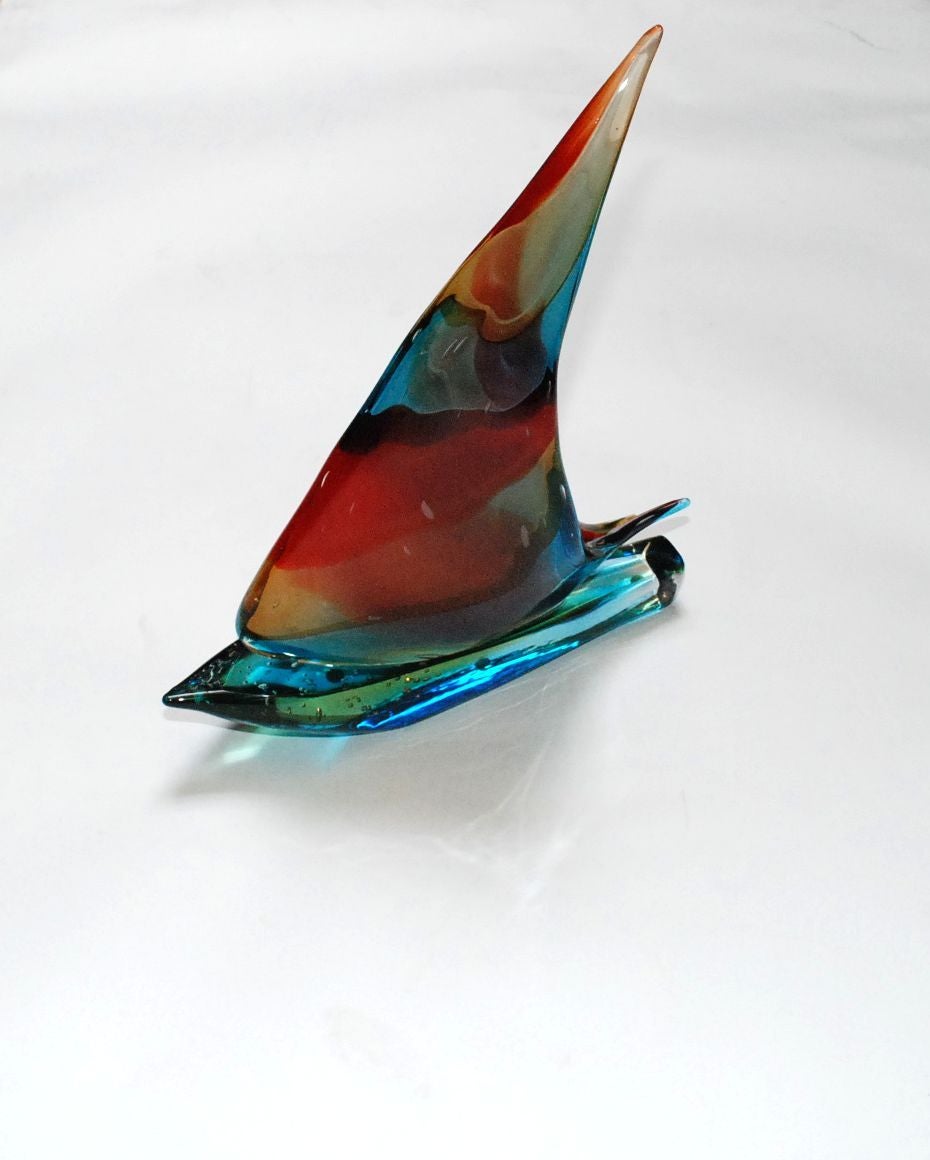 A double sail Murano glass sailboat by Sergio Costantini. Signed and also has a Murano sticker. Please look at other photos to see the two sails.