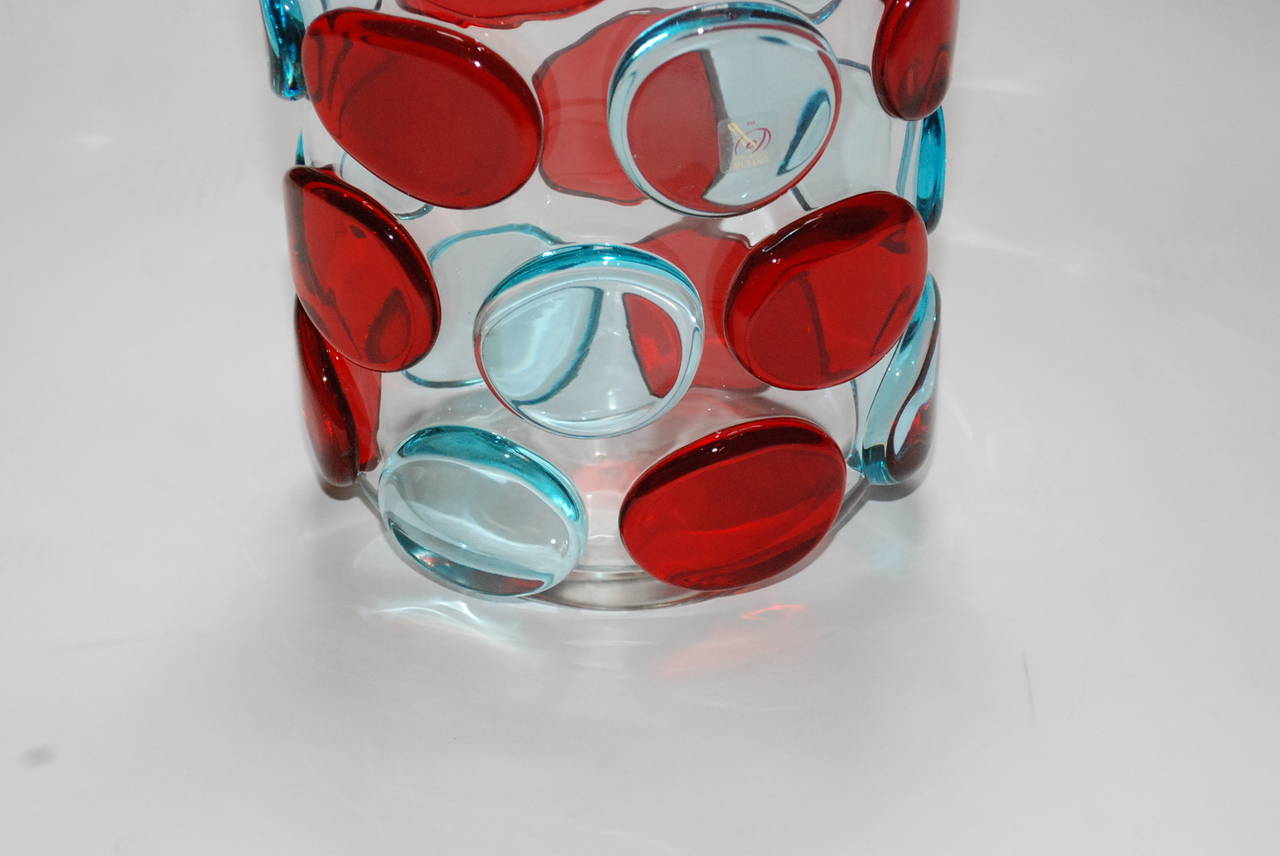 An impressive pair of red and blue Murano button vases by Enrico Camozzo. Signed by artist and also with a Murano sticker.