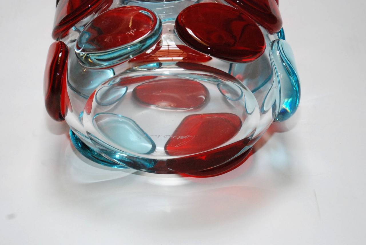 Mid-Century Modern Pair of Red and Blue Button Murano Vases by Enrico Camozzo