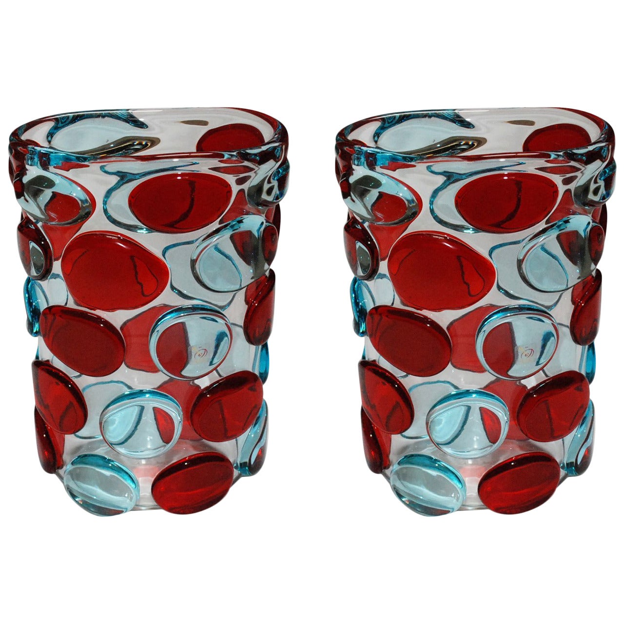 Pair of Red and Blue Button Murano Vases by Enrico Camozzo
