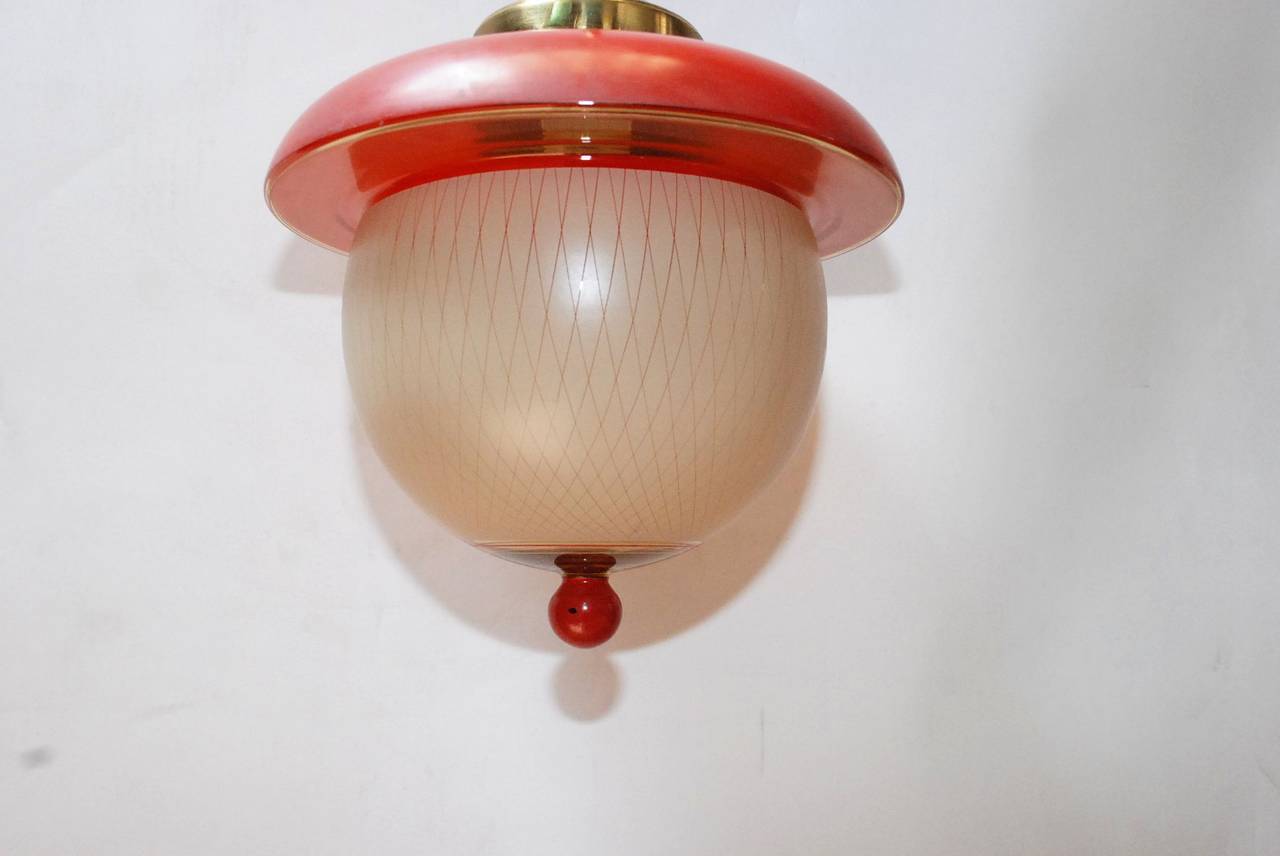 Italian Stilnovo Red and Cream Murano Glass Bell Pendant
