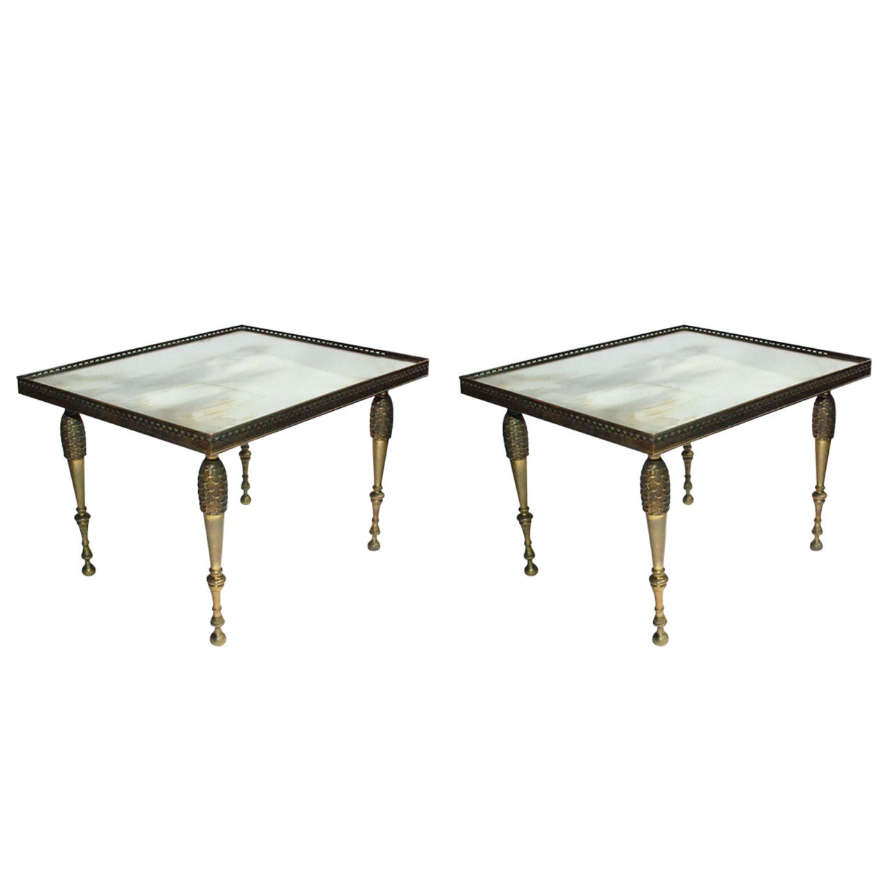 Pair of Hollywood Regency Mirrored Bronze Side Tables
