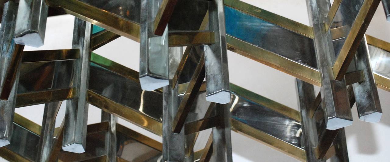 Sciolari Geometric Chrome and Brass Chandelier In Good Condition In Cathedral City, CA
