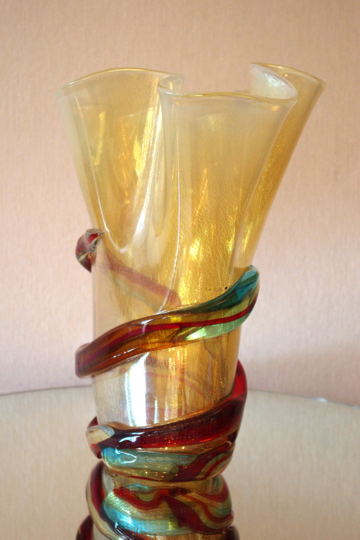 20th Century Gold and Multi-Color Stripe Murano Vase
