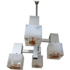 Mazzega White and Amber Murano Glass Cube Chandelier