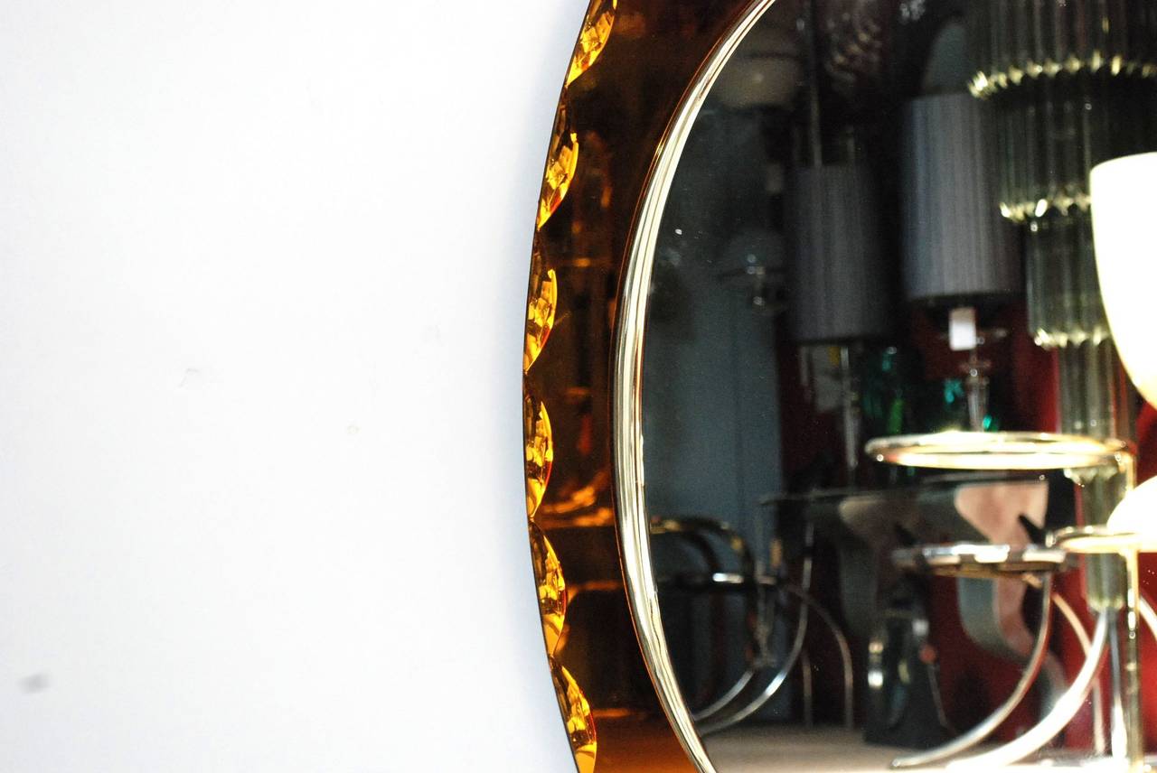 1960s amber etched glass mirror in the style of Fontana Arte.