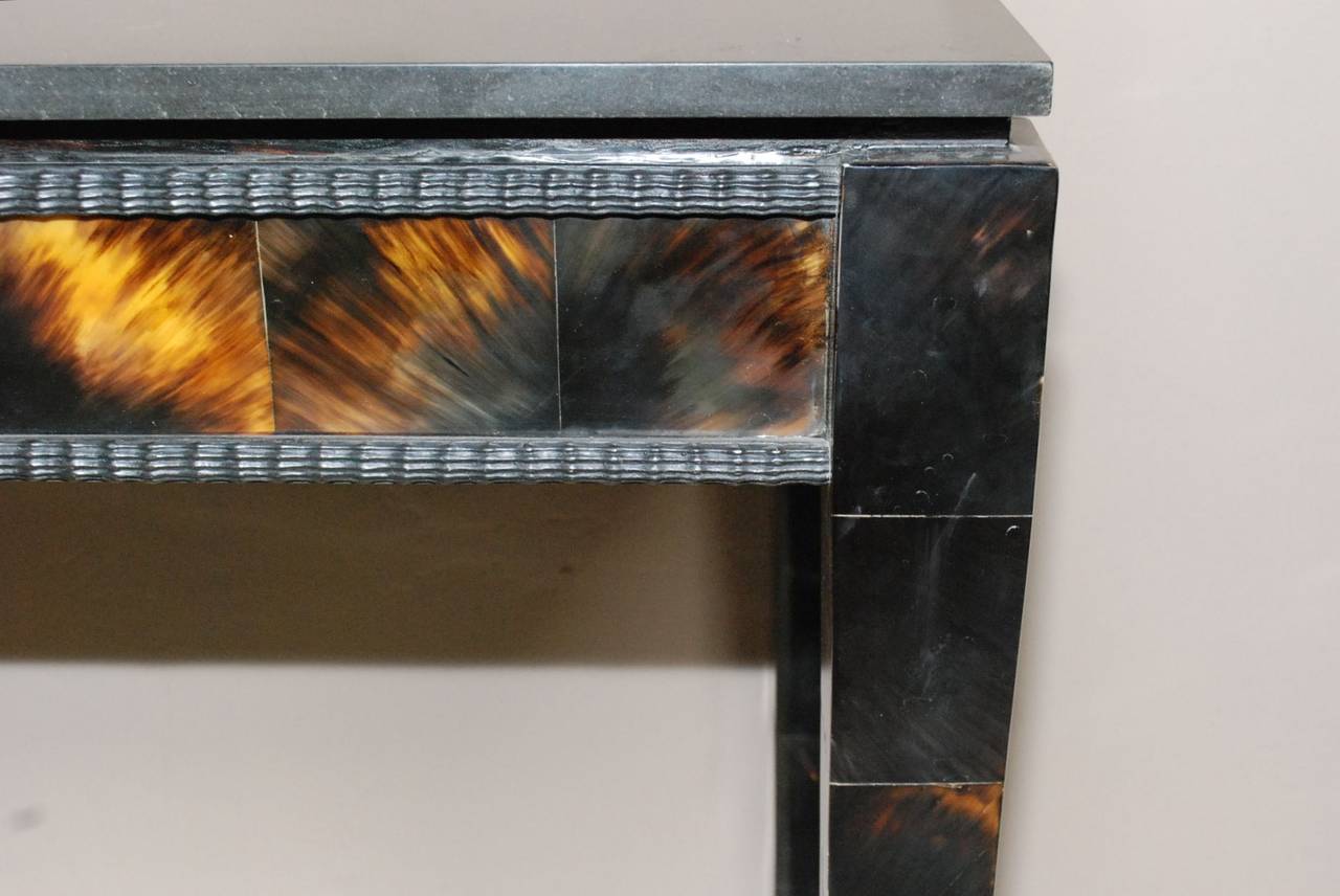 Elegant horn wrapped and high gloss resin finish console table with black granite top in the style of Karl Springer.Pleas note some crack on high gloss resin see details pictures.