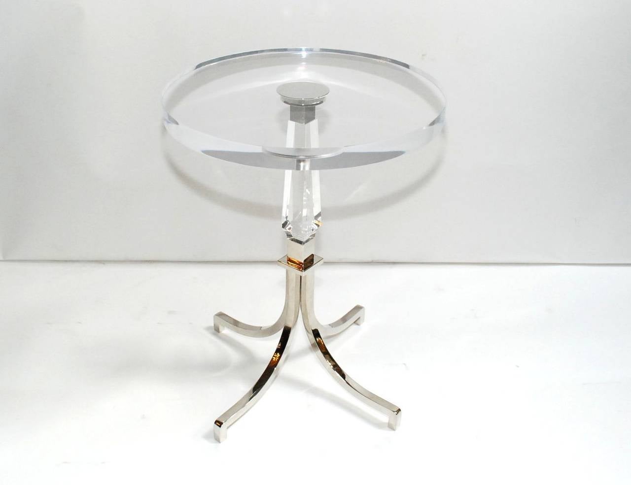 Elegant  Signed Pair of Regency Style Lucite and  Polish Nickel  On Steel Side Tables by Charles Hollis Jones.