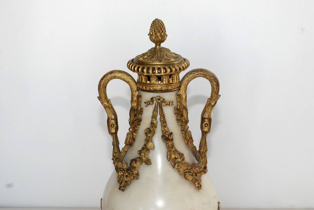 French Pair of Louis XVI Style Bronze-Mounted Carrara Marble Urn-Form Garnitures