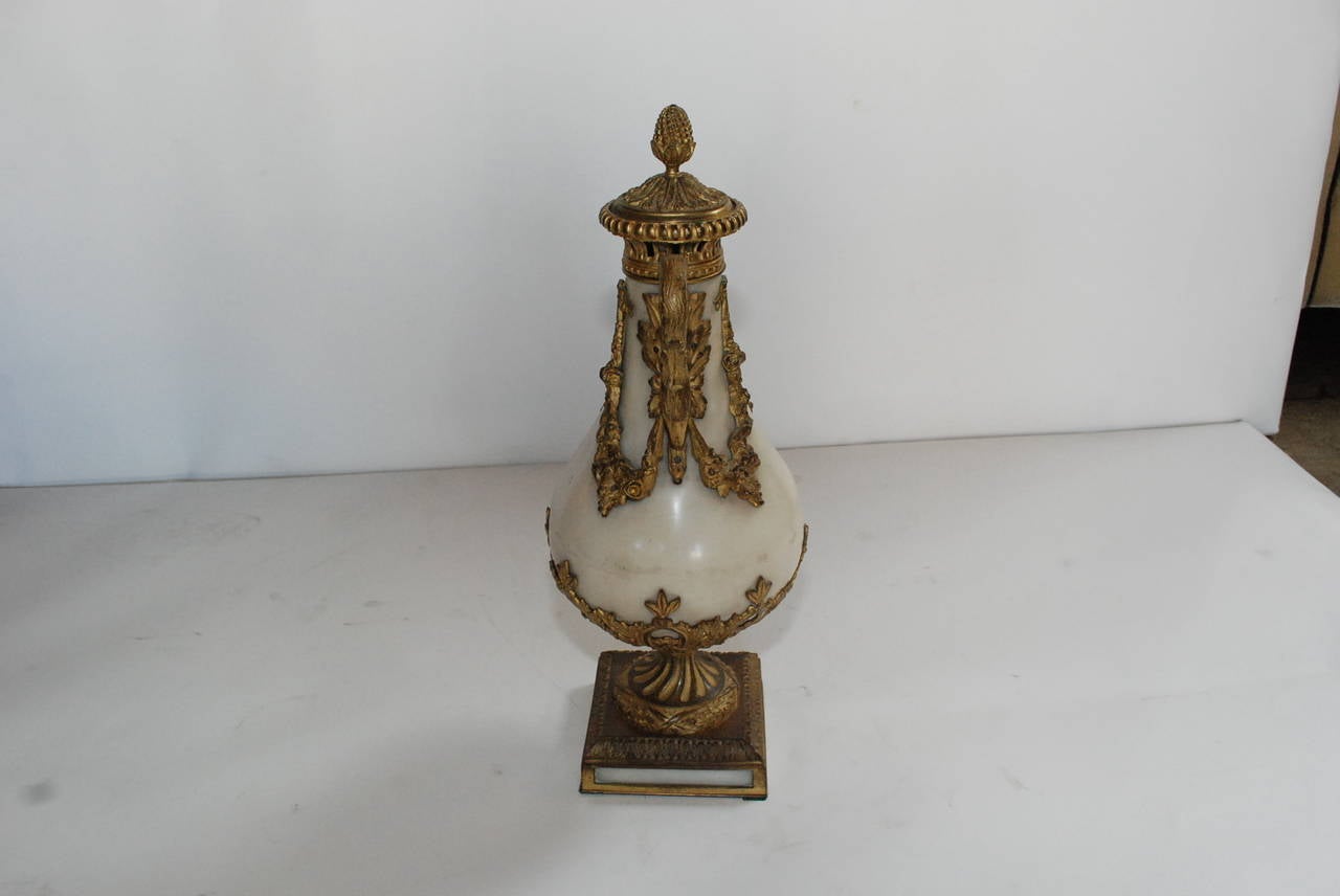 Pair of Louis XVI Style Bronze-Mounted Carrara Marble Urn-Form Garnitures 1