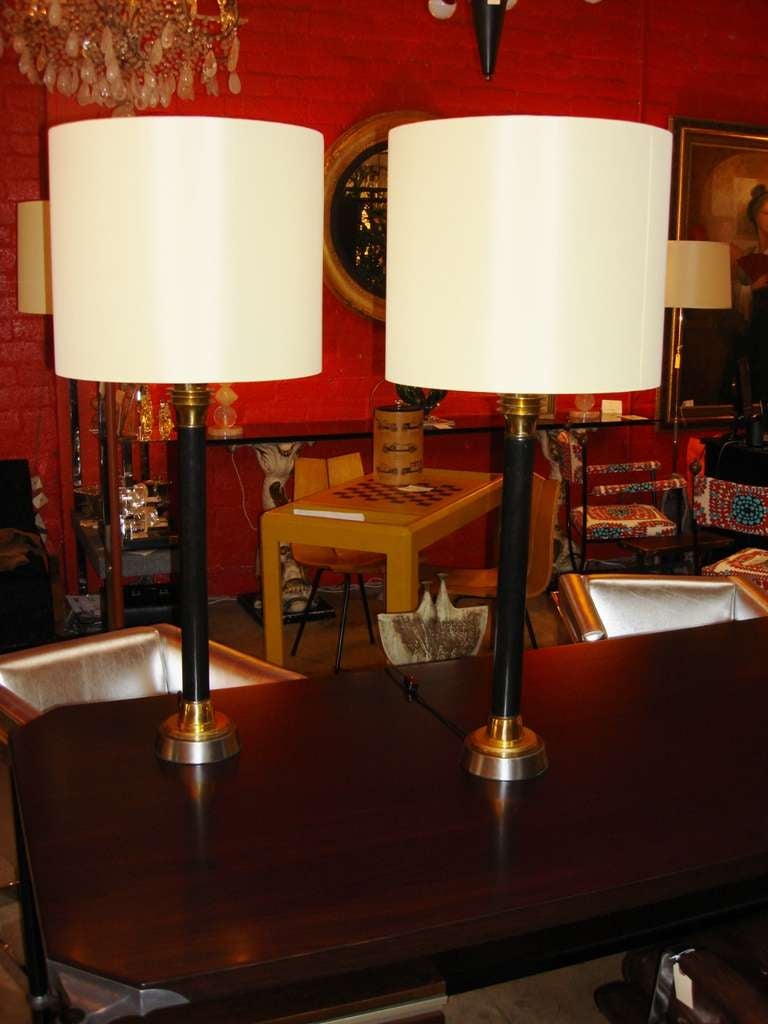 Pair of midcentury wood, brass and brushed steel lamps in the manner of Karl Springer.