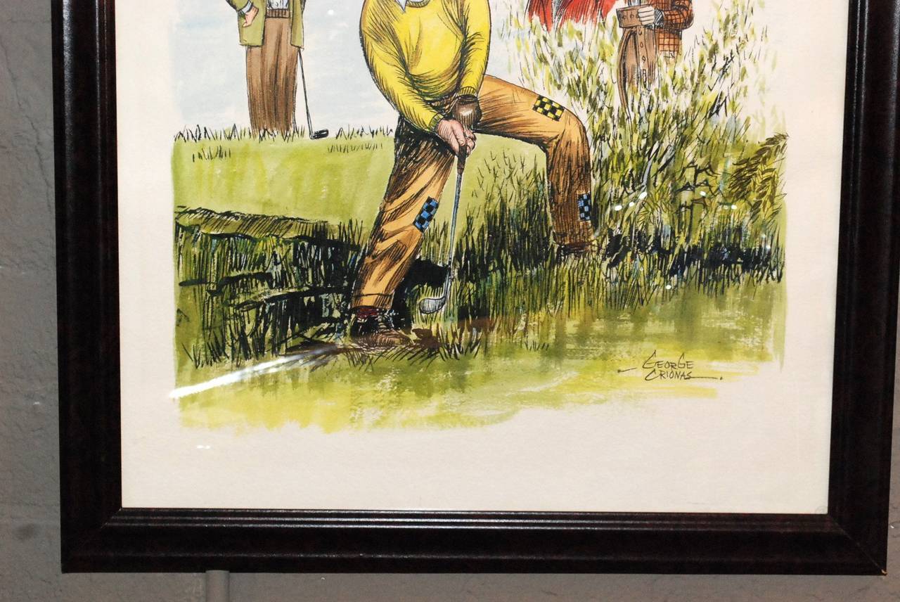 Mid-Century Modern « Golf Clowns », aquarelle de George Crionas en vente