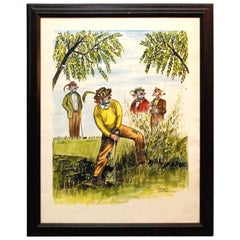 Retro George Crionas "Golf Clowns" Watercolor