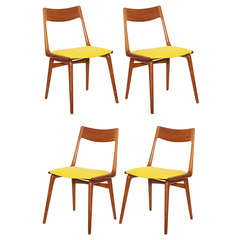Set of 4 Teak Yellow Boomerang Dining Chairs by Erik Christensen