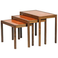 Rosewood Nesting Tables with Painted Orange Glass Top