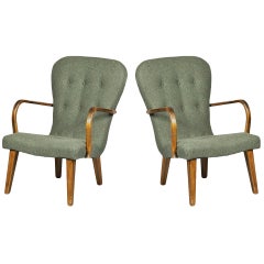 Danish Modern 1940's Tufted Beech and Green Armchairs