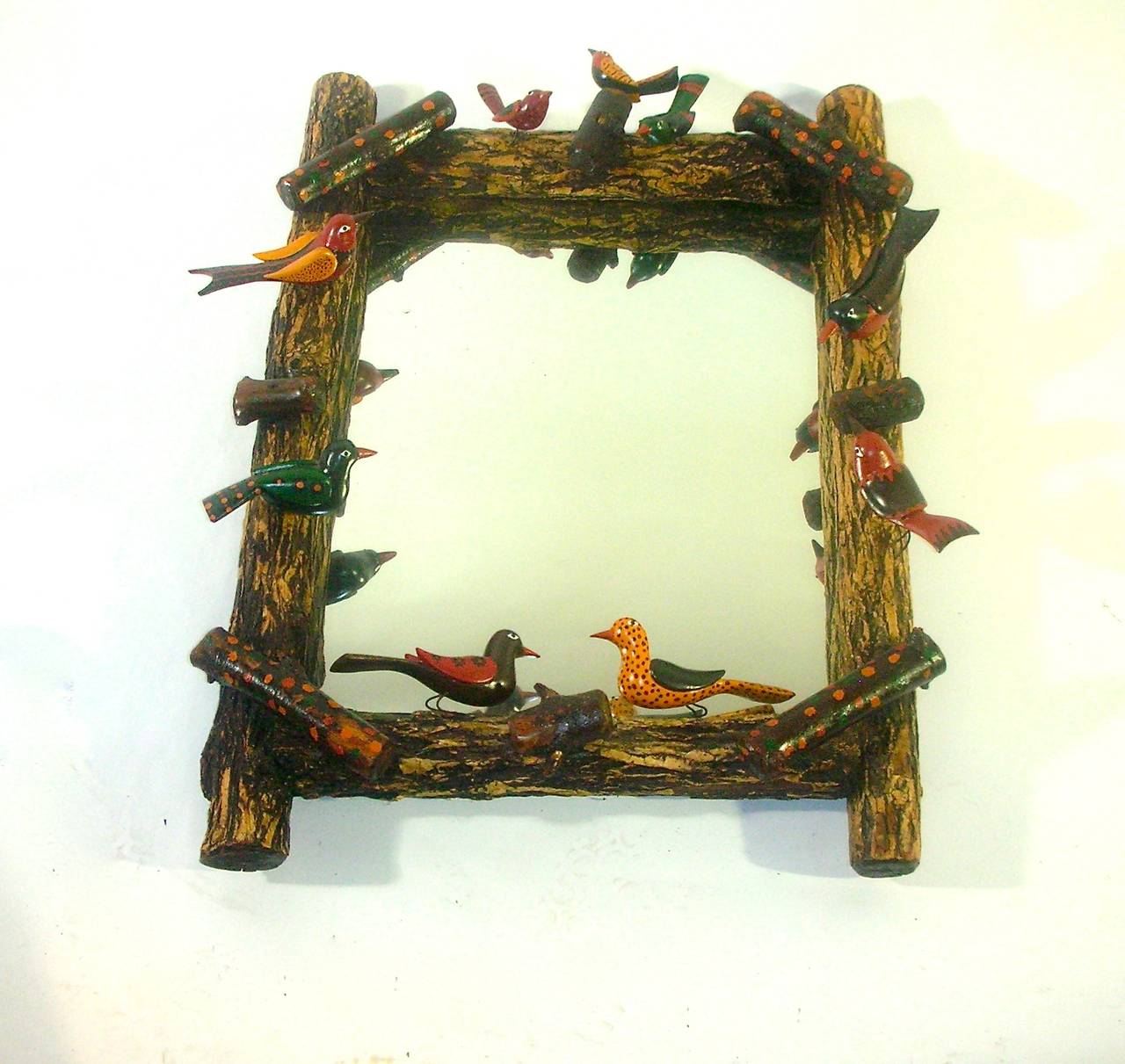 Hand-Carved Folk Art Bird Mirror For Sale