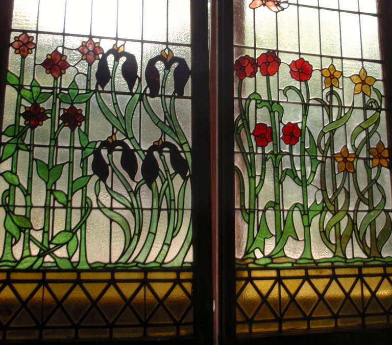 American Flower Motif Stained Glass Panels