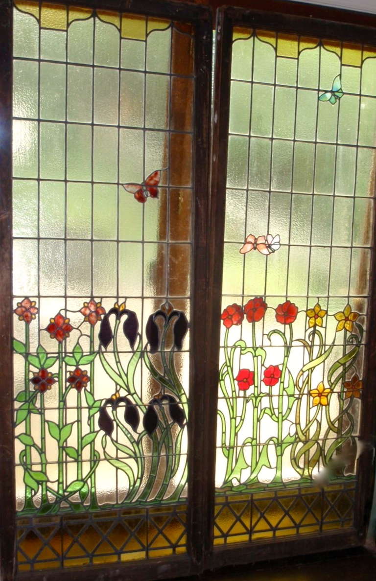 Art Nouveau Flower Motif Stained Glass Panels