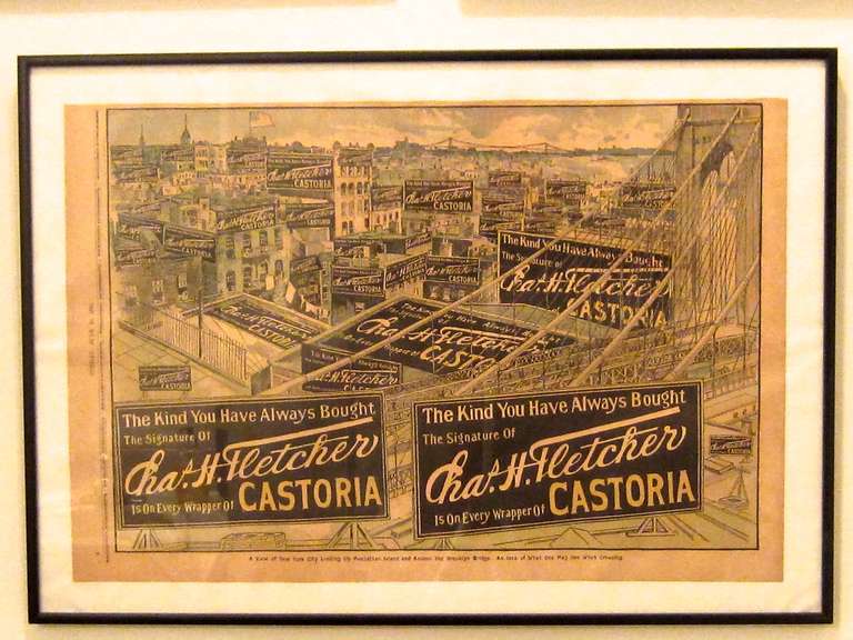 This 1901 Fletcher's Castoria full page color newspaper ad showing the Brooklyn Bridge as well as the Queensboro Bridge ( 59th St. Bridge) and a view of their extensive billboard and painted building siding ads was at the pinnacle of a heavy