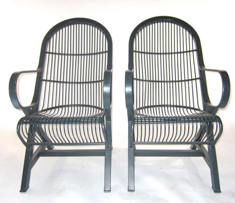 Two fine examples of The Everlasting Comfort Chairs, one of the most comfortable lounge chairs manufactured by Trudo Manufacturing Company of Waltham, Massachusetts. This chair was also offered as a rocker and also with a matching ottoman. The