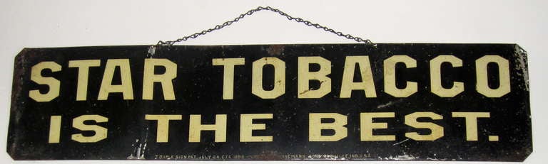 A rare litho on tin triple view advertising sign with tin louvers, straight on it reads Star Tobacco,from the left  Sold Here, from the right Chew and the makers mark on the bottom that reads Triple Sign/Pat. July 24, 1888/Roots & Heine