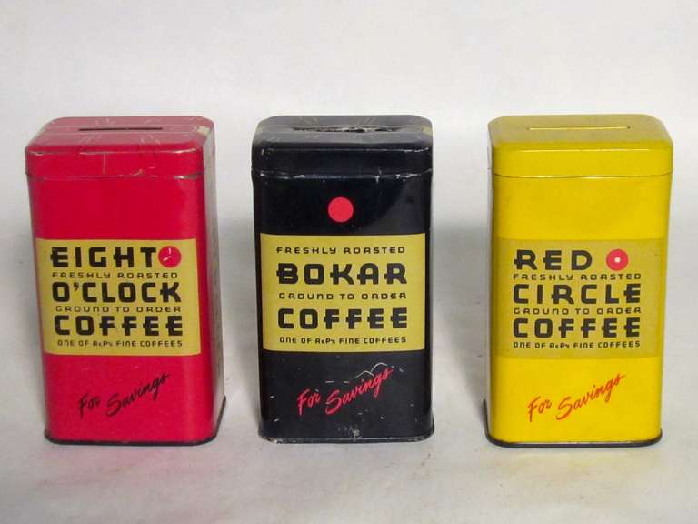 American advertising premiums were popular trade stimulators in the 1870's through the 1930's prior to World War II. This collection of coffee brands was offered in the 1930's. The five square banks measure 4