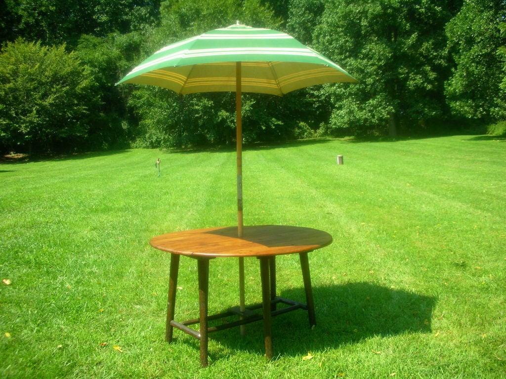 An unusual Adirondack gate leg drop leaf table fitted with a vintage umbrella.