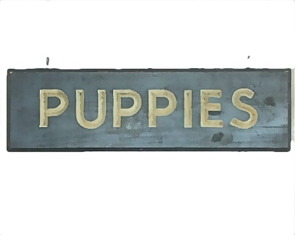 A carved wooden sign advertising Puppies for sale or available. The inset carving and surface reflect the age and style of days gone by. Cute and as adorable as the advertised subject.