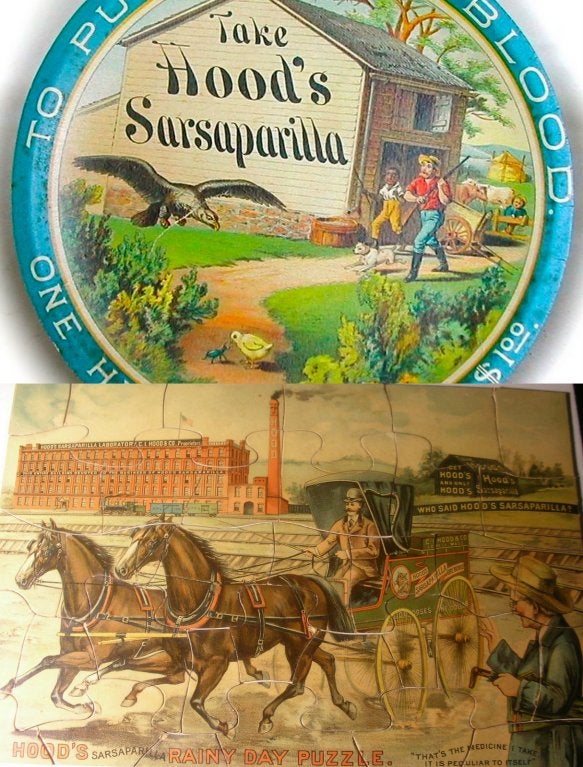 An almost pristine specimen of early medicinal advertising for HOOD'S SARSAPARILLA. This shaped lithographed hard paper plate is printed on both sides with back extolling the virtues and history of this old-time remedy. The two sided lithographed