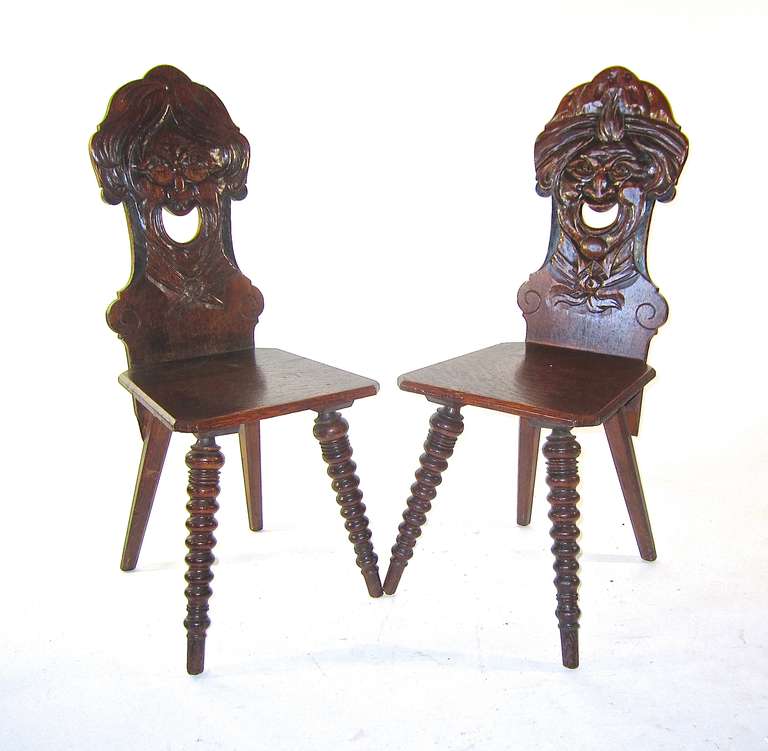 Oak Two Stabellen Carved-Face Chairs For Sale