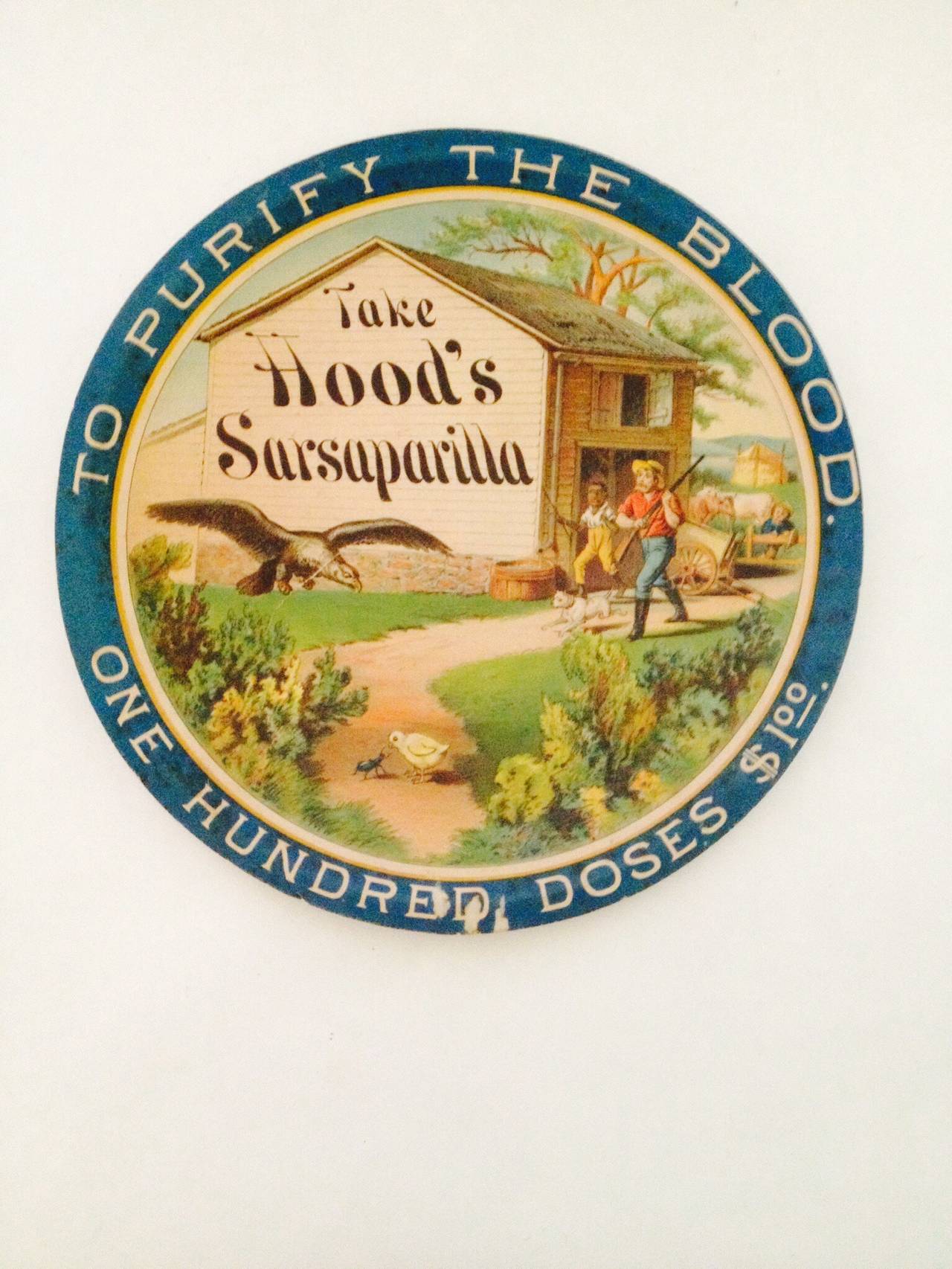 Hood's was a manufacturer of various patent medicines and tonics with  a prolific advertising department, Americana at its' finest in the heydays of early lithography. This dinner shaped plate is complete with the original paper hang tag on the