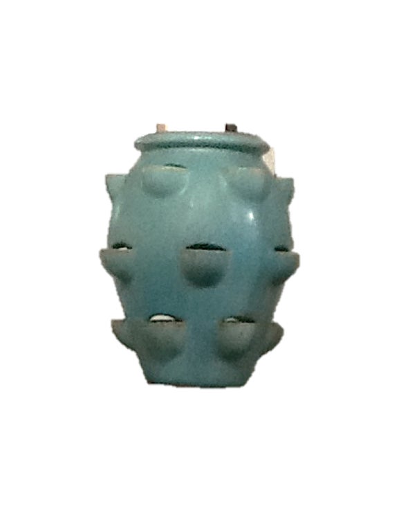 The larger sized strawberry planter glazed in the popular turquoise color made by Galloway in Philadelphia. A spectacular example of this form of garden terra cotta planters