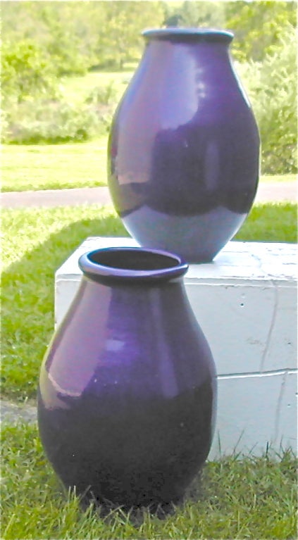 A pair of glazed deep vibrant blue planters by Galloway of Philadelphia. This shape, size and color is not seen very often.