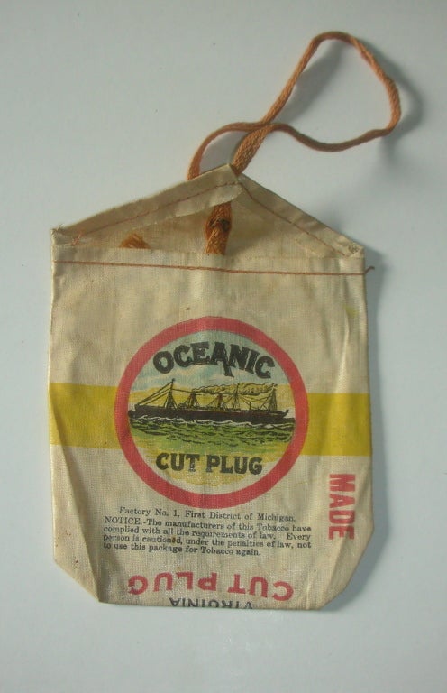 A glazed linen tobacco pouch from the Scotten, Dillon Company of Detroit, Michigan. This package contained the Oceanic Cut Plug brand from this early supplier of Virginia grown tobacco products. The company was a union shop and stated such on its'