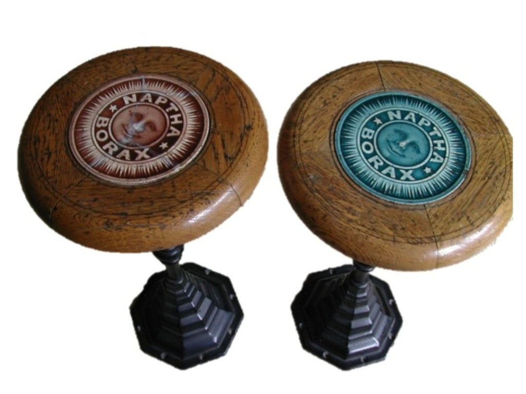 Make yourself comfortable, sit on down at the counter while shopping, country store stools. Advertising Naptha Borax on tile inserts. Use as stools or small tables.