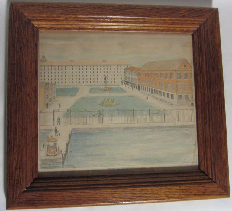 This wonderful, accurately detailed pencil drawing of the Sing Sing prison in Ossining , New York  is suitably framed    and just about as good as it gets for a   American Folk Art drawing    from the mid nineteenth century. There are two or three