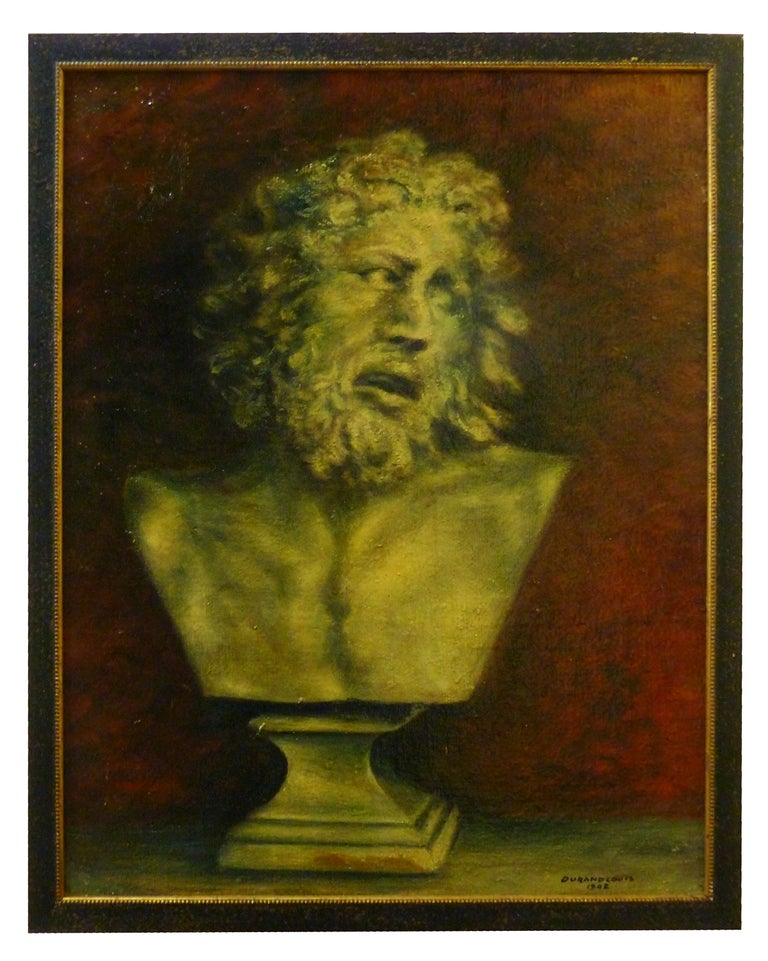 This oil on board by French painter, Durand Louis, features a rendering of a classical bust of an older man. Louis' expressive depiction brings the statue to life as the subject looks anxiously over his shoulder.
The painting is signed and dated