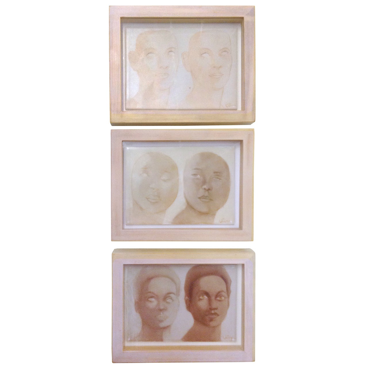 Suite of Three Portraits on CeramicTiles signed Vivy