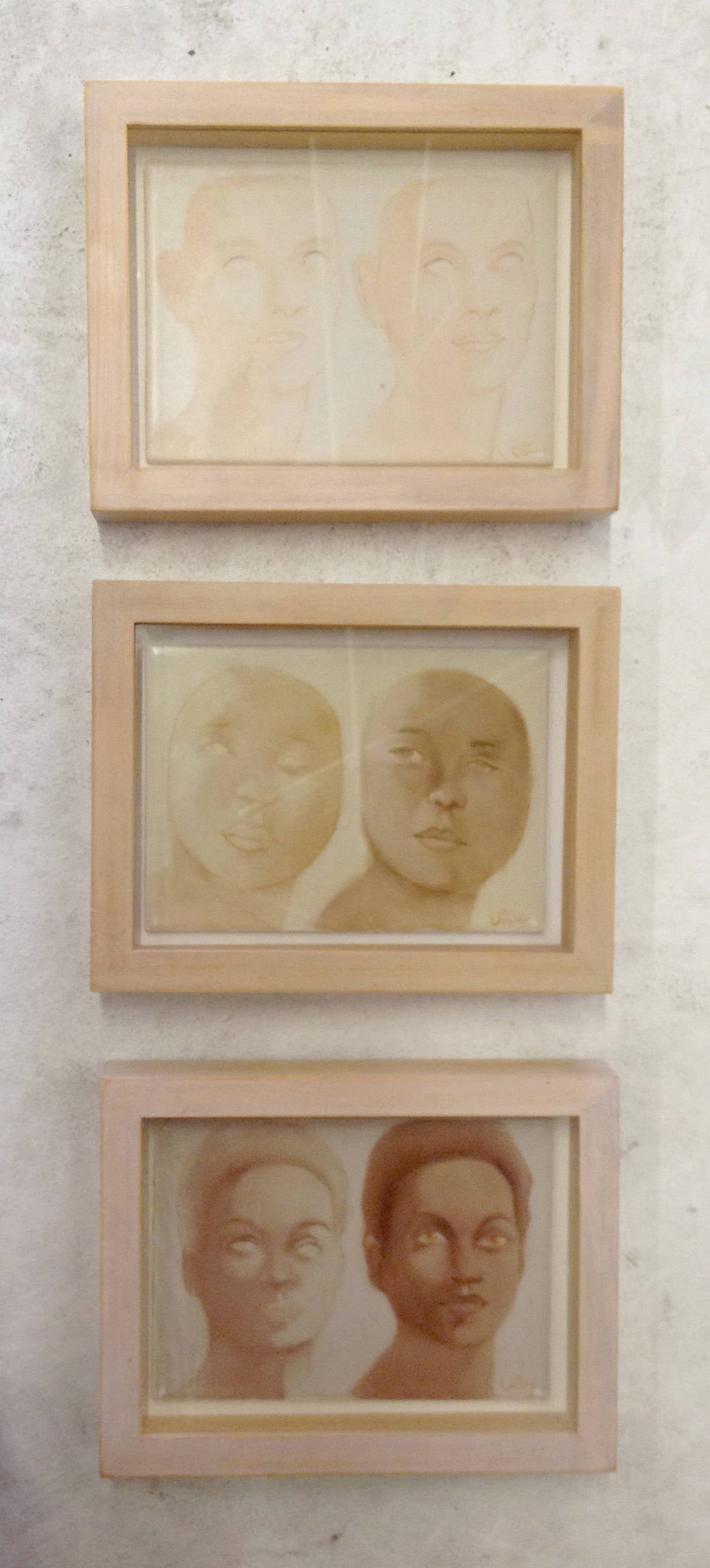 American Suite of Three Portraits on CeramicTiles signed Vivy