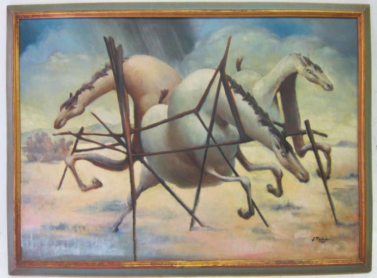 This strong mid-century painting depicts three animated horses as they attempt to break out of their corral. Adding to the action is the impending storm that may be seen in the background.
Unfortunately the signature is indecipherable but the work